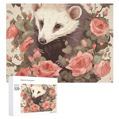 Puzzle für Erwachsene, Opossum und Rosen, herausforderndes Spielpuzzle mit Buchstaben auf der Rückseite, personalisiertes Puzzle, perfekt für Spielabende, Heimdekoration, Geschenk von NTVOWPZO