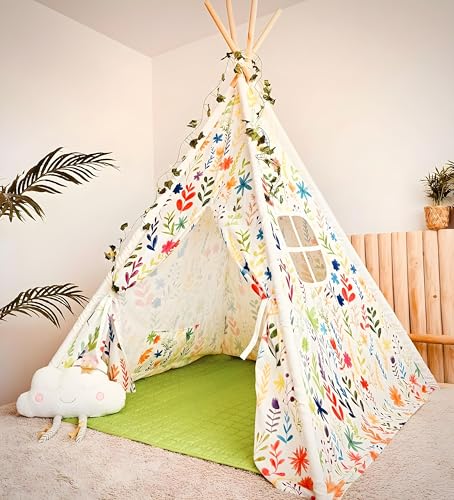 NUBUNI Tipi Zelt Für Kinder Flowered | Tippi Kinderzelt Junge | Kinder Tipi Indoor | Kinder Tipi | Kinder Tipi Zelt | Tippi Kinderzelt Mit Bodenmatte Und Aufbewahrungstasche von NUBUNI