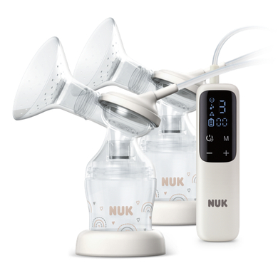 NUK elektrische Doppelmilchpumpe Soft & Easy mit Akku und weicgen Brustaufsätzen inkl. Babyflasche Perfect Match 150ml von NUK