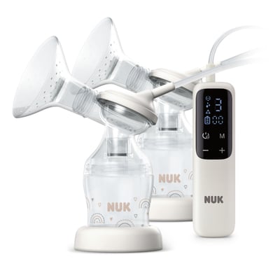 NUK Doppelmilchpumpe elektrisch Soft & Easy mit Akku und weicgen Brustaufsätzen inkl. Babyflasche Perfect Match 150ml von NUK