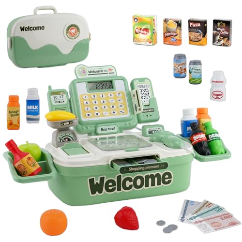 Elektronische Kasse Spielzeug Supermarkt Registrierkasse mit Scanner,Sound, Essen,Einkaufskorb, Kreditkarten-Geschenk Geschenk für Kinder Mädchen Jungen ab 3+ Jahre (Green) von NUKied