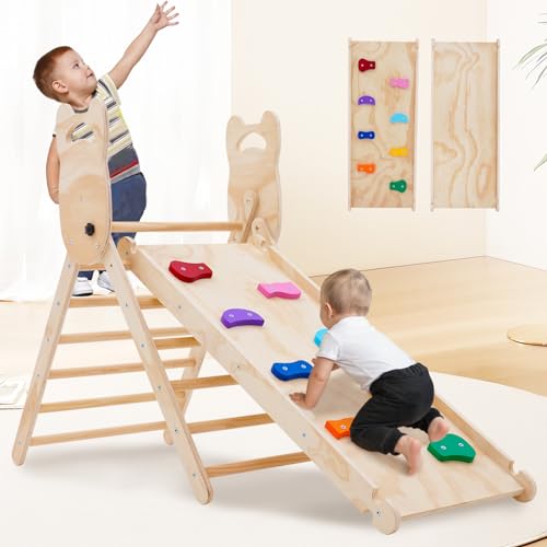 NUKied Kletterdreieck mit Rutsche,Faltbares Holz klettergerüst Indoor Set,Kleinkind Holzkletter Dreieck mit Schieberampe, Baby-Klettergerüst,kletterdreieck mit Rutsche für Kinder in 1-6 Jahren von NUKied