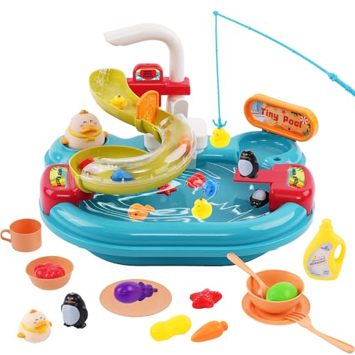 Spielspüle mit fließendem Wasser,3-in-1-Küchenspüle Spielzeug Set,,Schwimmendes Angelspielzeug für das Wasserspiel,Rollenspiel für Kinder,Geschenk für Mädchen und Jungen von NUKied