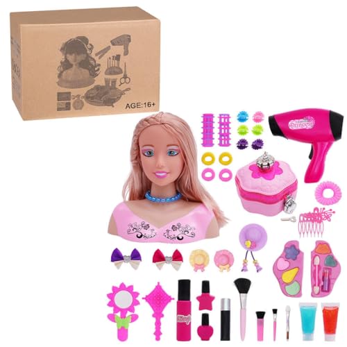 NULA Schminkkopf Frisierkopf für Mädchen Kinder, 39 Teile Styling Head Set Frisierpuppe mit Haartrockner Kosmetik Zubehör, Make Up Spielset Weihnachten Geburtstag Geschenke von NULA