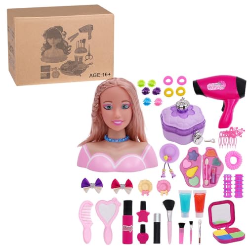 NULA Schminkkopf Frisierkopf für Mädchen Kinder, 40 Teile Styling Head Set Frisierpuppe mit Haartrockner Kosmetik Zubehör, Make Up Spielset Weihnachten Geburtstag Geschenke von NULA