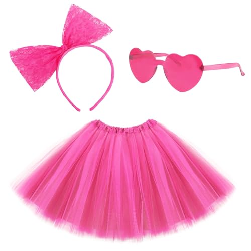 3 Stück Karneval Kostüm Damen mit Karneval Tüllrock Damen,Schleife Haarreif, Fasching Herzbrille, Karneval Kostüm Mädchen, für Frauen Mädchen Cosplay Halloween Karneval Kostüm Zubehör (Rosenrot) von NUOGUAYI