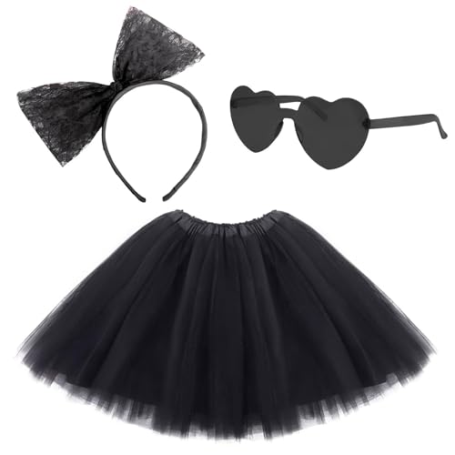 3 Stück Karneval Kostüm Damen mit Karneval Tüllrock Damen,Schleife Haarreif, Fasching Herzbrille, Karneval Kostüm Mädchen, für Frauen Mädchen Cosplay Halloween Karneval Kostüm Zubehör (Schwarz) von NUOGUAYI