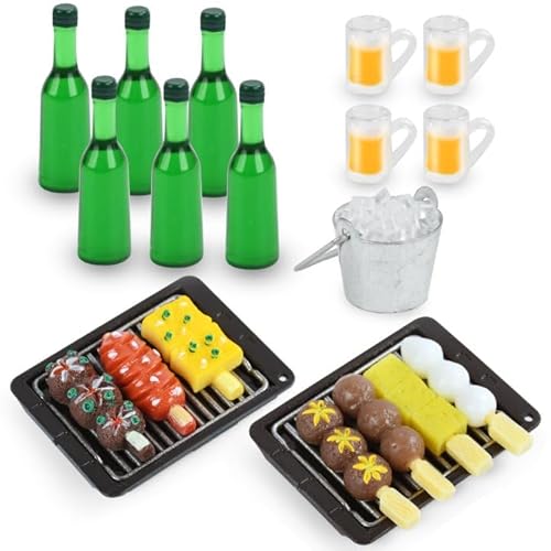 Miniatur Lebensmittel Puppenhaus, Miniatur Puppenhaus Zubehör Essen, Mini Bierkrug Puppenhaus Zubehör, Miniatur Essen und Trinken, Miniatur Grillpfanne und Spieße, für DIY Puppenhaus Dekor (21PCS) von NUOGUAYI