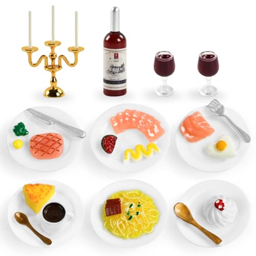 Miniatur Lebensmittel Puppenhaus, Miniatur Puppenhaus Zubehör Essen, Miniatur Steak Set, Miniatur rotweinglas, Miniatur kerzenhalter, Miniatur Wichtel Zubehör, für DIY Puppenhaus Dekor (10PCS) von NUOGUAYI