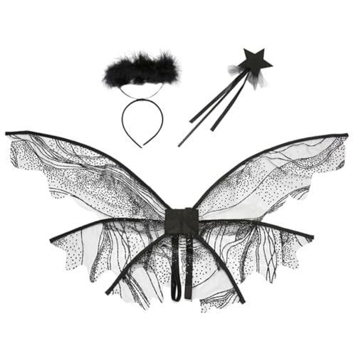 NUSITOU 1 Satz Zauberstäbe für Kinder feeflügeln fasnachtskostüme Butterfly Wings Kostüme für Mädchen Engelsflügel Schmetterlinge Feenflügel Schmetterlinge Flügelkinder Gittergewebe Black von NUSITOU