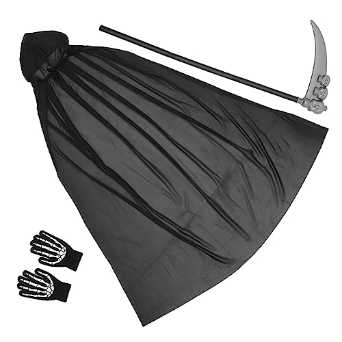 NUSITOU Skelett Party Sichelprop Kostüm mit Sense Schwarze Umhang Kapuze für Accessoires Anzüge Kostüme für Handschuhe Cosplay Grim Requisiten Männer Vampir Erwachsener Halloween von NUSITOU