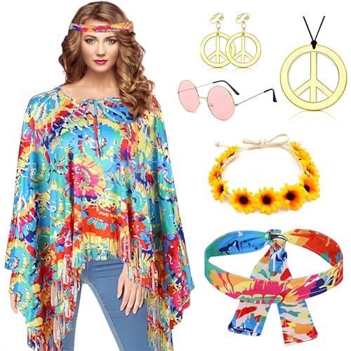 Hippie Kostüm Damen Set mit Hippie Poncho Damen und Zubehör 60er 70er Jahre Disco Outfit Damen Faschingskostüme Damen Flower Power Kleidung Damen für Frauen Karneval Motto Party von NUUOTP