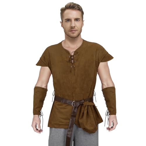 NUWIND 4 Stück Herren Halloween Renaissance Outfit Mittelalter Tunika Hemd Ritter Pirat Kostüm Weste Wikinger Taillengürtel Handgelenkschutz Zubehör (Braun, M) von NUWIND