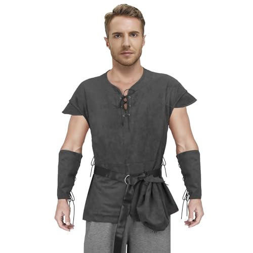 NUWIND 4 Stück Herren Halloween Renaissance Outfit Mittelalter Tunika Hemd Ritter Piraten Kostüm Weste Wikinger Taillengürtel Handgelenkschutz Zubehör (Dunkelgrau, M) von NUWIND