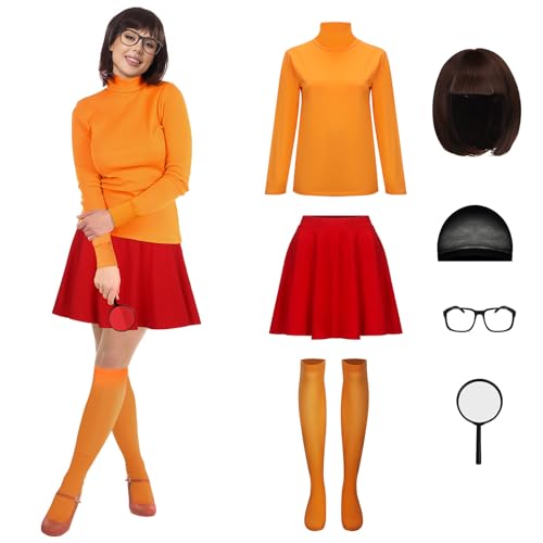 NUWIND Deluxe Halloween Kostüm für Damen, Braun Bob Perücke, Orange Oberteil, Roter Rock, Lupe, Socken und Brille für Fasching Karneval Party Cosplay Outfit (L) von NUWIND