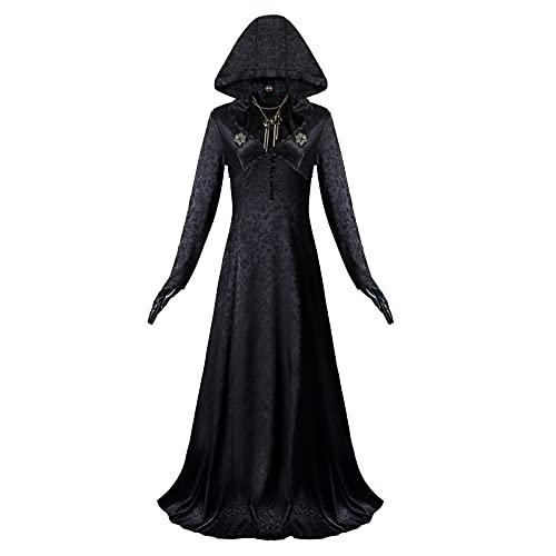 NUWIND Evil 8 Vampir Madam Lady Dimitrescu Töchter Bela Dimitrescu Hexenkleid mit Kapuze Zubehör Frau Gothic Cosplay Kostüm Outfits Anzug Halloween Karneval Verkleidung Party, Schwarz XXL von NUWIND