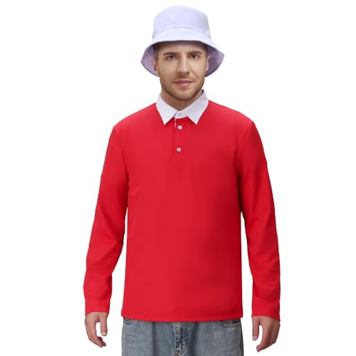 NUWIND Gilligan's Island Herren Gilligan Kostüm Anzug Rot Polo Langarm Shirt Weiß Fischerhut Set Halloween Karneval Cosplay Party Outfit (L) von NUWIND