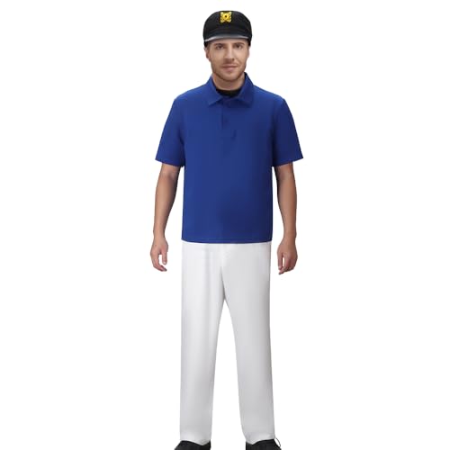 NUWIND Gilligan's Island Herren Skipper Kostüm Anzug Blau Polo Shirt Weiße Hose Schwarzer Kapitänshut Set Halloween Film Cosplay Outfit (L) von NUWIND