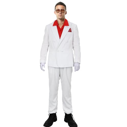 NUWIND Männer Tony Montana Weißer Anzug Kostüm Gangster Rotes Hemd Brille Handschuhe Halsketten Set Halloween 80er Film Cosplay Uniform Outfit (M) von NUWIND