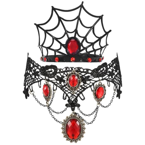 2 Stück Halloween Spinnennetz Haarreifen Gothic Spitzen-Halskette Set,Spinnennetz Kopfbedeckung Haarreifen,Halskette Choker Schmuck Für Frau Und Mädchen Halloween Party Cosplay von NVKRLFYD