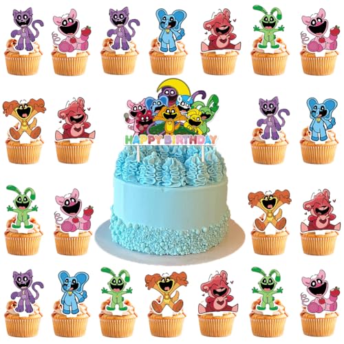 25PCS Mini Cartoon Smiling Tortendeko Geburtstag, Smiling Cake Topper Happy Birthday Tortendeko Auto Kuchen Critters Kuchen Topper mit Critters Flagge Geburtstag Dekoration Tortendeke von NVKRLFYD