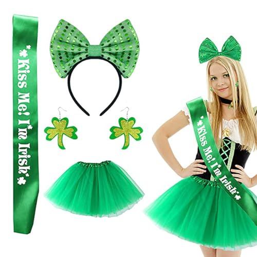 NVOQILIN Saint Patrick Kostüm-Set, Kleeblatt-Ohrringe, Schleifen, Stirnband, Tutus, Schärpe für Party, Kostüm, irisches Festival, Zubehör von NVOQILIN