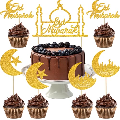 NVTRSD 25 Stück Eid Mubarak Tortendeko, Eid Mubarak Dekoration, Ramadan Kareem Kuchendekoration, Eid Mubarak Glitzer Topper, Muslimische Party Schmuck, Islamische Stern und Mond Cupcake Dekoration von NVTRSD