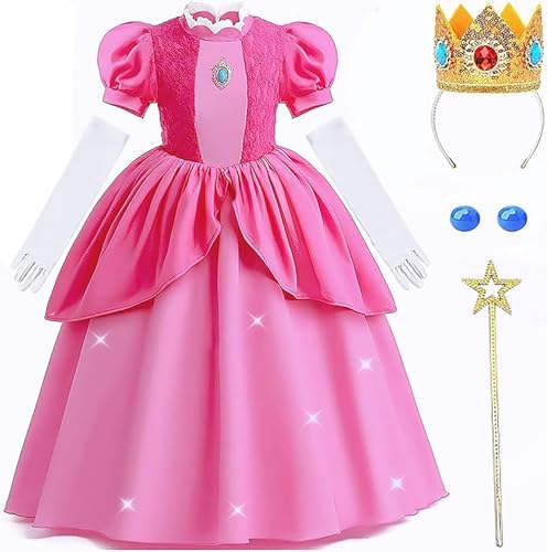 5 Stück Prinzessin Peach Kostüm, Pfirsich Mädchen Kleider Glanz Kinder Karneval Party Halloween Weihnachten Verkleidung Set, Princess Peach Kostüm Kinder mit Krone Handschuhe Zauberstab Ohrring (130) von NVTRSD