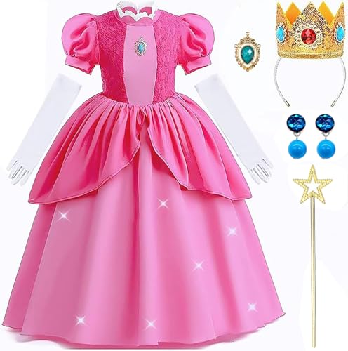 5 Stück Prinzessin Peach Kostüm, Pfirsich Mädchen Kleider Glanz Kinder Karneval Party Halloween Weihnachten Verkleidung Set, Princess Peach Kostüm Kinder mit Krone Handschuhe Zauberstab Ohrring (110) von NVTRSD