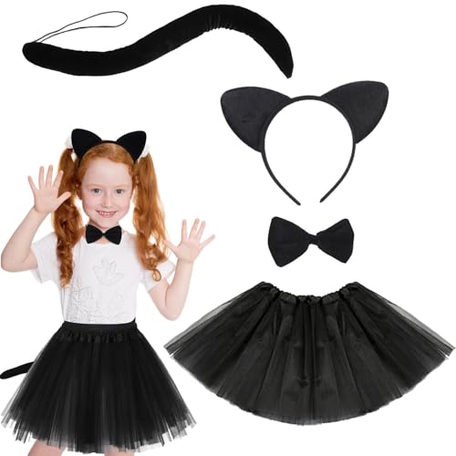 4 Stück Kostüm Katze Kinder, Katzenkostüm Kinder Set mit Katzenohren Stirnband Schwarz Tütü, Adorable Kätzchenkostüm Katzen Cosplay Kostüm für Mädchen Karneval Cosplay Halloween Party von NVTRSD