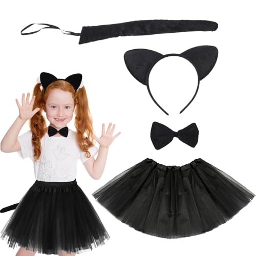 4 Stück Kostüm Katze Kinder, Katzenkostüm Kinder Set mit Katzenohren Stirnband Schwarz Tütü, Adorable Kätzchenkostüm Katzen Cosplay Kostüm für Mädchen Karneval Cosplay Halloween Party von NVTRSD