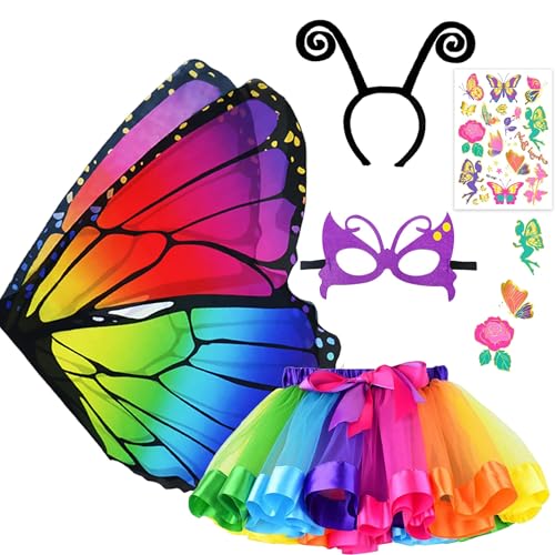 NVTRSD 5 Stück Schmetterling Kostüm Kinder, Bunte Flügel, Maske, Tüllrock, Haarreif und Tattoos, Toll für Halloween, Cosplay und Faschingskostüme Kinder Regenbogen von NVTRSD