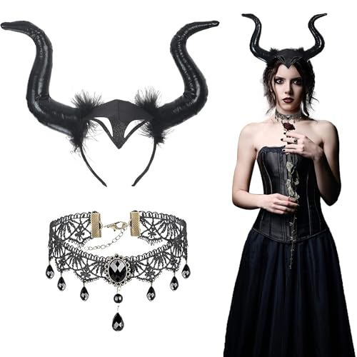 Böse Königin Teufel Kopfschmuck mit Gothic Halskette, Schwarz Teufelshorn, Maleficent Kostüm Zubehör für Gothic-Dekoration, Halloween, Cosplay, Damen, Mädchen, Karneval von NVTRSD