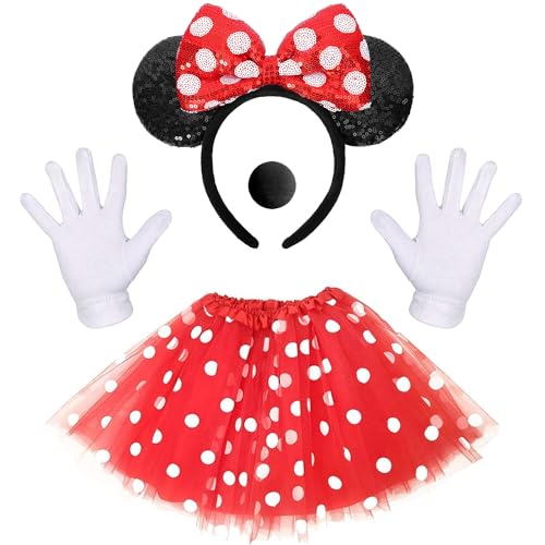 Maus Mouse Kostüm, Rot Tutu mit weiß Gepunktet, Haarreifen mit Maus Ohren, Handschuhe, Nase, Karnevalskostüme für minnie mouse für Fasching Karneval Motto Cosplay Party von NVTRSD