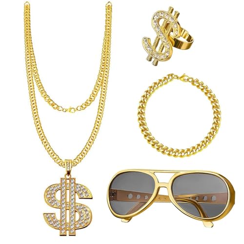 NVTRSD Zuhälter Kostüm Set, Goldene Dollar Kette & Ring Brille Persönlichkeit Halloween Hip Hop Kostüm Kit, Herren 80er 90er für Faschingszubehör Mottopartys, Geburtstag Party Faschingskostüme von NVTRSD