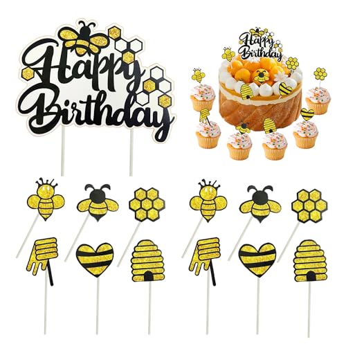 13-Teiliges Set Bienen-Kucheneinsätze, Dekoratives Kuchenzubehör, Goldene Bienen-Dekorationskuchen-Spielkarten, Kuchenaufsatz, Jolly Bee-Partydekorationszubehör von NYGGTYK