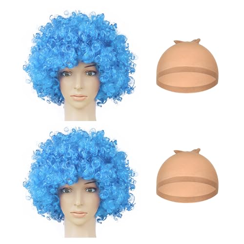 2-Teilige Blaue Afrikanische Perücken Mit 2 Perückennetzen, Verrückte Clown-Perücke, Unisex-Lockenhaar, Kunsthaar, Kostümzubehör, Maskerade-Perücken-Look von NYGGTYK