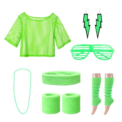 NYGGTYK 1 kompletter Mesh-Partyanzug, schulterfreies Mesh-Shirt, 80er- und 90er-Jahre-Kleidung für Frauen, Partykleidung für Frauen, Ära-Accessoires, Retro-Karnevals-Outfits (grün) von NYGGTYK