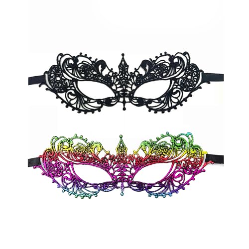 NYGGTYK 2 Stück Spitzenmasken, Spitzen-Augenmasken, Dekorative Masken Für Maskerade-Partys, Geeignet Für Halloween, Karneval Und Abschlussball-Masken (Schwarz, Bunt) von NYGGTYK