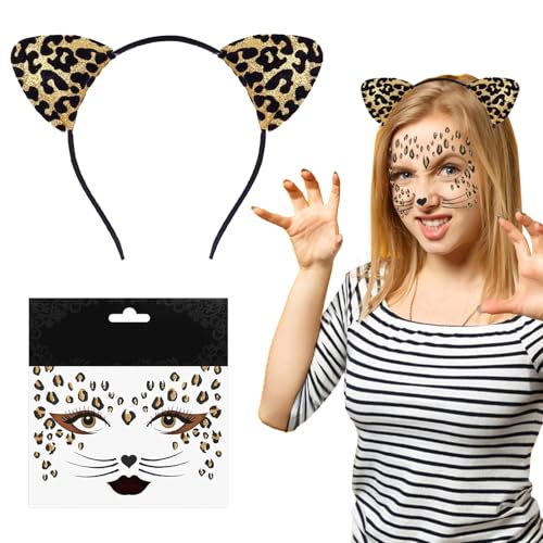 NYZQIW Leoparden Kostüm Set, Katzenohren Haarreif und Gesicht Aufkleber, Temporäre Tattoos, Leoparden Kostüm Leoparden Face Tattoo für Fasching, Halloween, Damen, Kinder, Erwachsene von NYZQIW