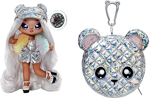 Na Na Na Surprise 2-in-1 Soft Modepuppe & Metallic Purse Glam Serie - Sammlerpuppe - Puppe im Prisma Silber Kleid & Hut mit Bärentaschen - Ari Prisma von Na! Na! Na! Surprise