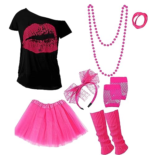 80er 90er Jahre Outfit Damen, 7PCS 80er Faschingskostüme Damen mit T-Shirt Stirnband Ohrring Halskette Brille, 80er Jahre Outfit Damen Setfür Frauen Kleidung Neon Party Karneval von NaLatia