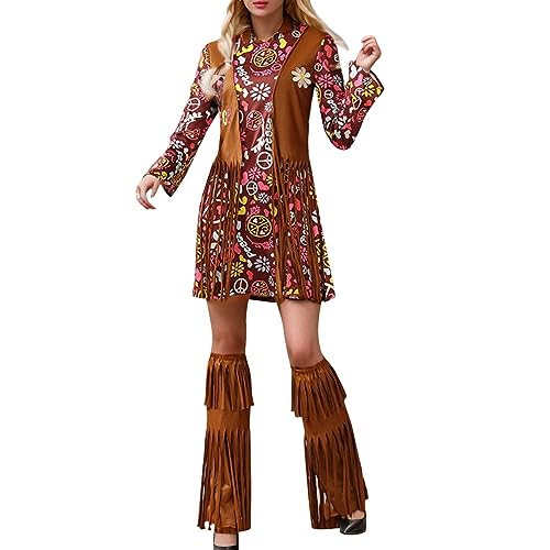 NaLatia Hippie Kostüm Damen 60er 70er Jahre Kleidung Retro Frauen Hippie Disco Kleid Mädchen Faschingskostüme Accessoires für Halloween Karneval Cosplay Braun von NaLatia