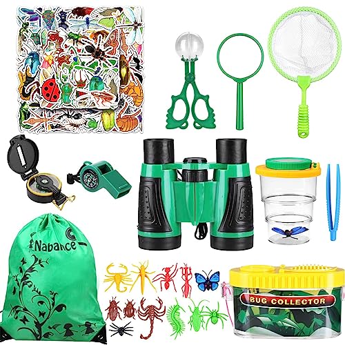 Nabance Draussen Forscherset 23 Stk Outdoor Exploration Spielzeug Draussen Forscherset mit Insektenaufkleber Kinder Fernglas Kompass Bug Catcher Schmetterlingsnetz Für Jungen Mädchen Wandern Abenteuer von Nabance