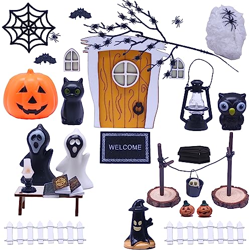 Halloween Puppenhaus Dekoration Miniatur gelb Holz Wichteltür Komplettset zubehör Garten Thema Spinne Fledermäuse Kürbis-Elfe Geist Halloween Party Dekoration… von Nabeta Deco