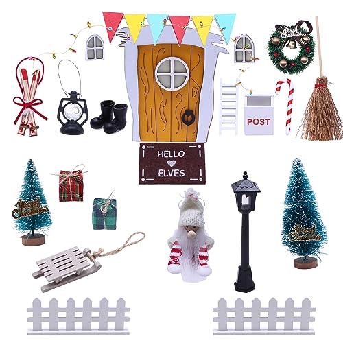 Weihnachten Puppenhaus Dekoration Miniatur Wichteltür Weihnachtswichtel Tür Set Gelb Elfen Tür Schlitten Weihnachtsbaum Weihnachtswichtel Zubehör Komplettset von Nabeta Deco