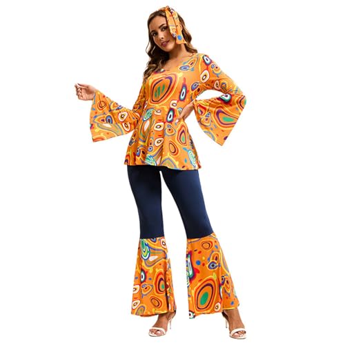 Nadunje Hippie Kostüm Damen 60er 70er Jahre Outfit Damen Kostüm Damen Flower Kleidung Damen Elegant Oberteil mit Ausgestellten Ärmeln Schlaghose Hippie Damen Haarband Hippie Karneval Kostüm Damen von Nadunje