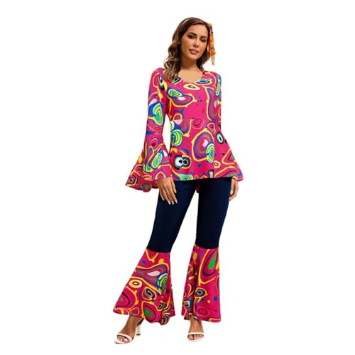 Nadunje Hippie Kostüm Damen 60er 70er Jahre Outfit Damen Kostüm Damen Flower Kleidung Damen Elegant Oberteil mit Ausgestellten Ärmeln Schlaghose Hippie Damen Haarband Hippie Karneval Kostüm Damen von Nadunje