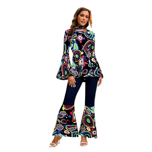 Nadunje Hippie Kostüm Damen 60er 70er Jahre Outfit Damen Kostüm Damen Flower Kleidung Damen Elegant Oberteil mit Ausgestellten Ärmeln Schlaghose Hippie Damen Haarband Hippie Karneval Kostüm Damen von Nadunje