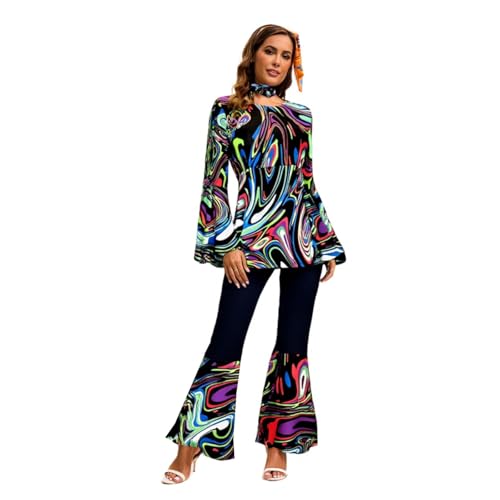 Nadunje Hippie Kostüm Damen 60er 70er Jahre Outfit Damen Kostüm Damen Flower Kleidung Damen Elegant Oberteil mit Ausgestellten Ärmeln Schlaghose Hippie Damen Haarband Hippie Karneval Kostüm Damen von Nadunje